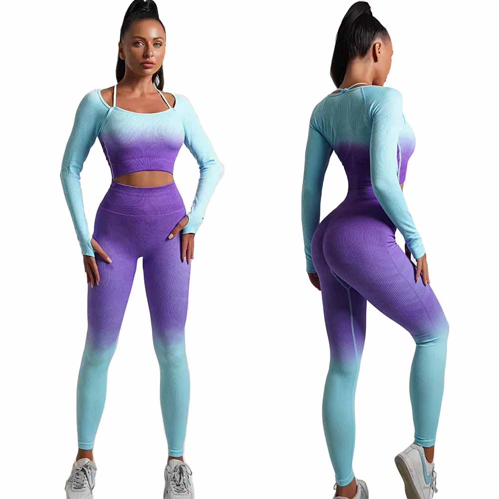Women'S Fitness Clothing Gym Outfit and Yoga Workout Set Crop Top and High Waisted Leggings Ombre Gradient 2 Piece Set (Purple/Blue, Medium)
