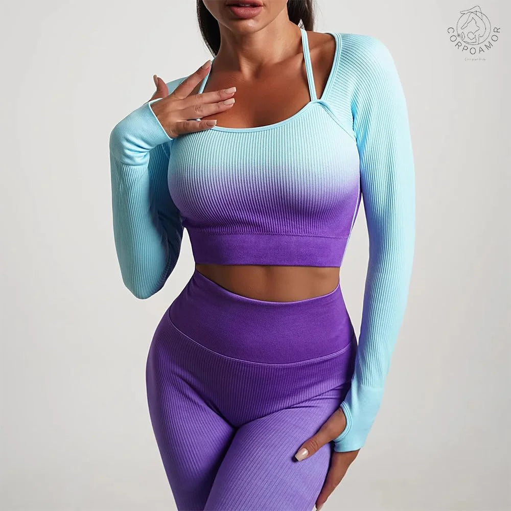 Women'S Fitness Clothing Gym Outfit and Yoga Workout Set Crop Top and High Waisted Leggings Ombre Gradient 2 Piece Set (Purple/Blue, Medium)